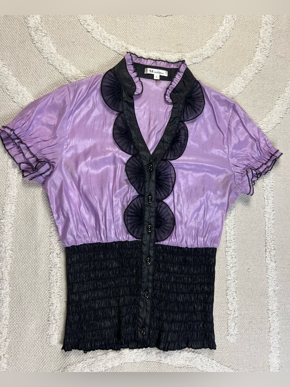 Vintage Y2K Lilac Corset Top – Shimmer Puff Sleeve Fairycore Blouse – Medium